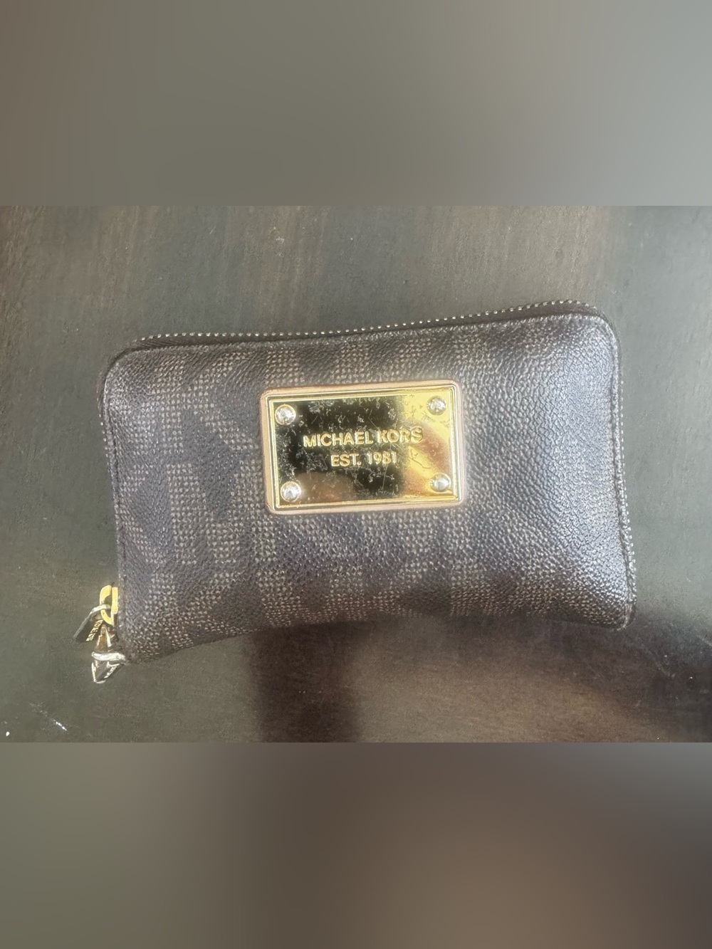 Michael Kors Black Signature Zip Wallet with Gold Plaque